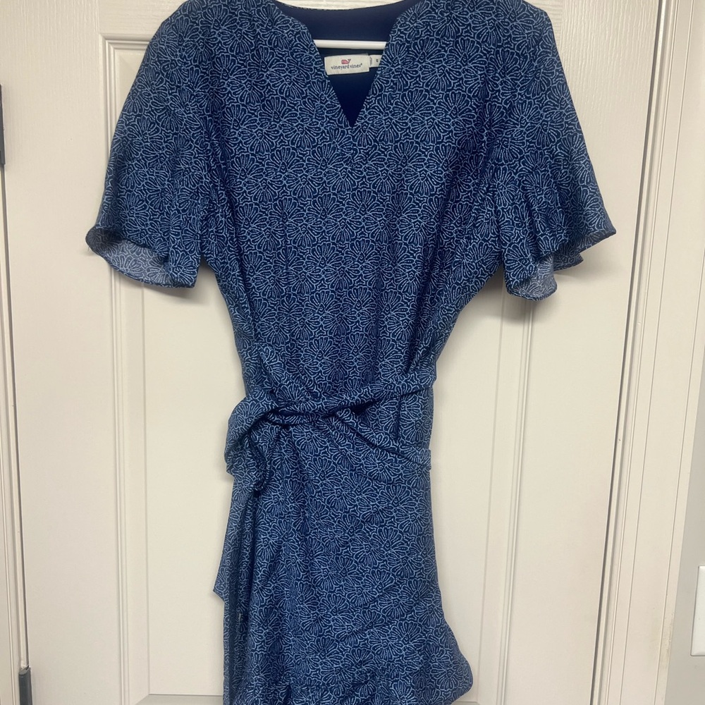Vineyard Vines Blue Ruffled Tie Front Mini Dress